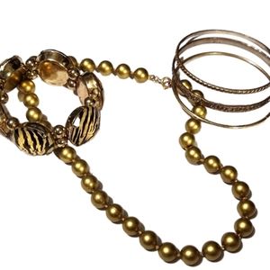 Vintage jewelry lot, gold bead necklace faceted animal bracelet bangles